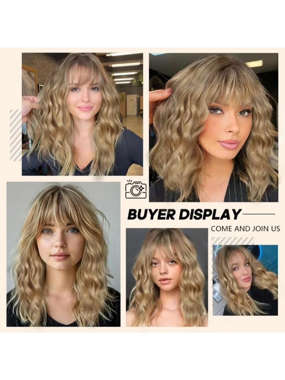 Women's Blonde Ombre 16 Inch Wavy Wig Bangs Shoulder Length Synthetic Hair